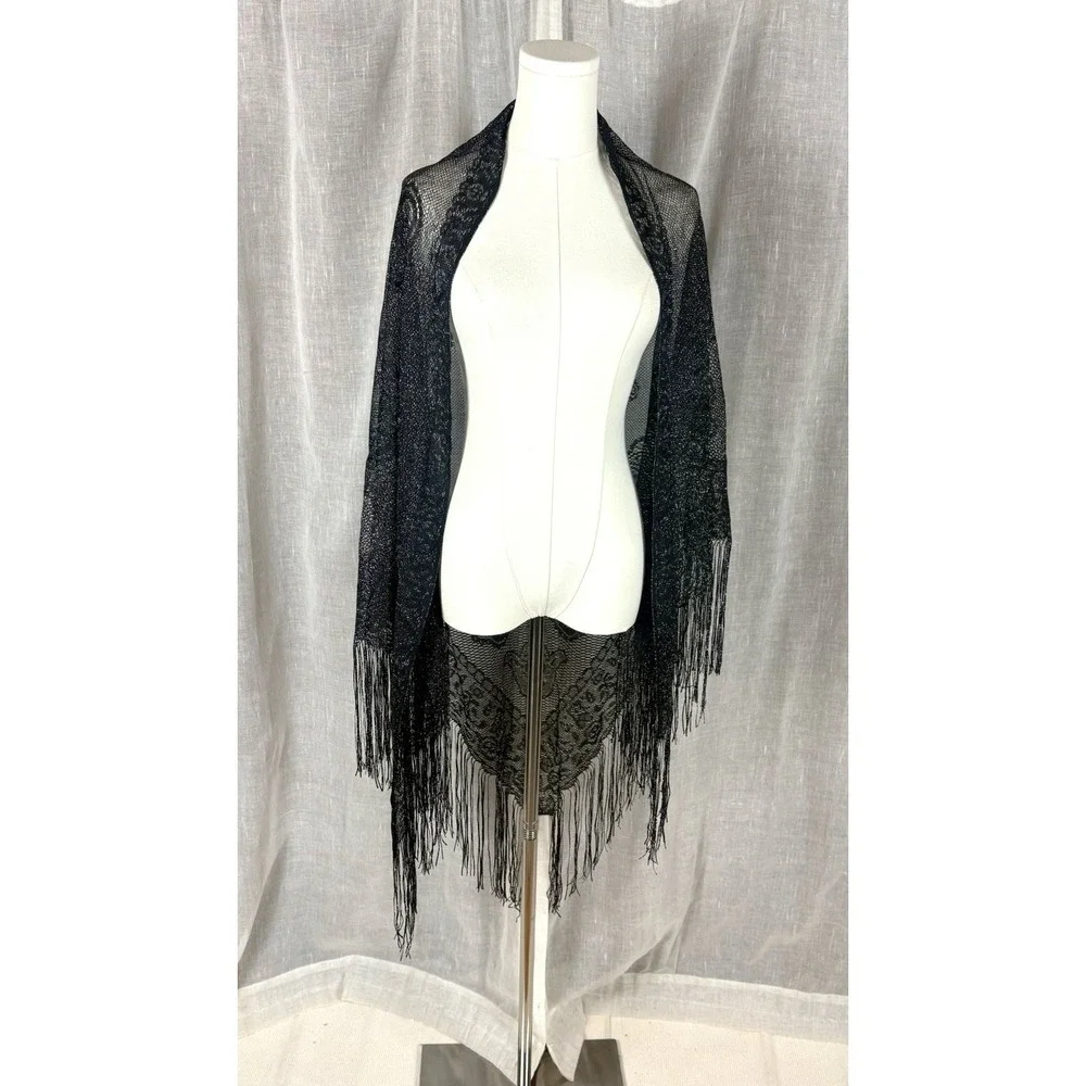Paisley Black Metallic Shawl With Fringe Sheer Sparkle Witchy Boho Festival OS